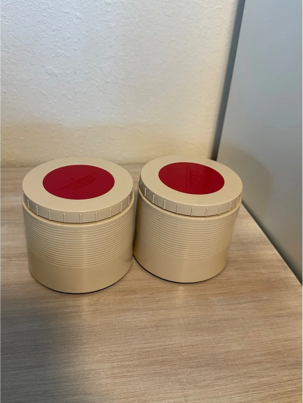 Vintage Pair of Thermos Insulated Food Jars with Red and Cream Lids